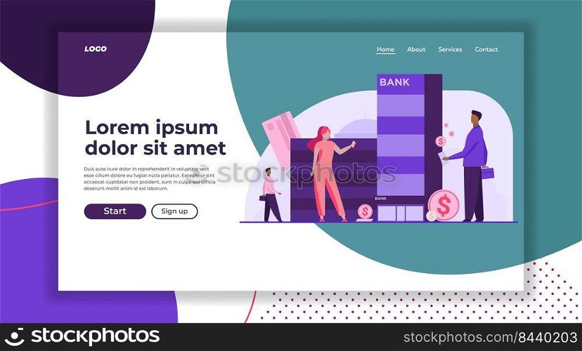Customers with money standing near bank building. Clients, dollar coins, credit cards flat vector illustration. Finance, loan, online transfer concept for banner, website design or landing web page