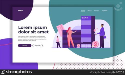 Customers with money standing near bank building. Clients, dollar coins, credit cards flat vector illustration. Finance, loan, online transfer concept for banner, website design or landing web page