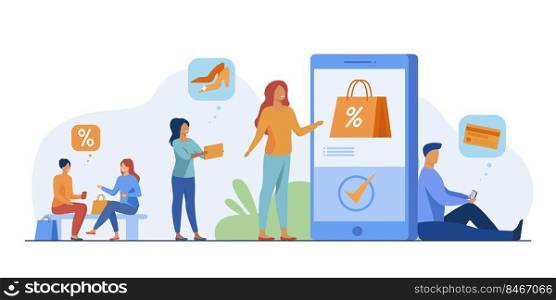 Customers with smartphones shopping online. Men and women buying goods at internet store sales. Vector illustration for e-commerce, security transfer payment concept