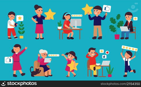 Customers with stars. Good review, rating star for app or service. Clients feedback, people satisfaction. Cartoon characters rate decent vector set. Illustration of rating good, feedback and rate. Customers with stars. Good review, rating star for app or service. Clients feedback, people satisfaction. Cartoon characters rate decent vector set