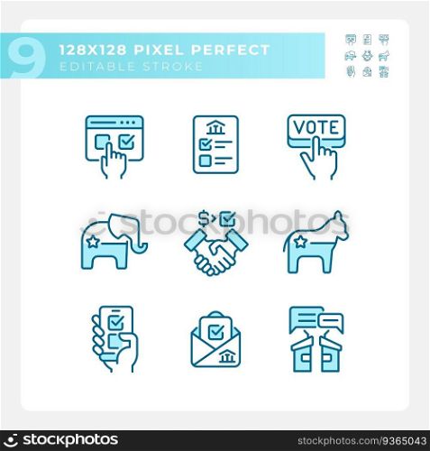 Customizable pixel perfect blue icons set representing voting, isolated vector illustration of politics and election.. Customizable pixel perfect blue voting icons set