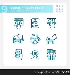 Customizable pixel perfect blue icons set representing voting, isolated vector illustration of politics and election.. Customizable pixel perfect blue voting icons set