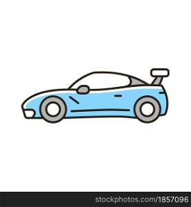 Customized sports car RGB color icon. Designing vehicle for street racing. Upgrading automobile performance. Adding aftermarket accessories. Isolated vector illustration. Simple filled line drawing. Customized sports car RGB color icon