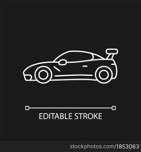 Customized sports car white linear icon for dark theme. Designing vehicle for street racing. Thin line customizable illustration. Isolated vector contour symbol for night mode. Editable stroke. Customized sports car white linear icon for dark theme