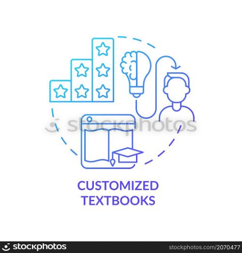 Customized textbooks blue gradient concept icon. Automated education abstract idea thin line illustration. Isolated outline drawing. Editable stroke. Roboto-Medium, Myriad Pro-Bold fonts used. Customized textbooks blue gradient concept icon