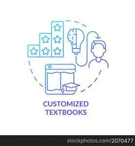 Customized textbooks blue gradient concept icon. Automated education abstract idea thin line illustration. Isolated outline drawing. Editable stroke. Roboto-Medium, Myriad Pro-Bold fonts used. Customized textbooks blue gradient concept icon