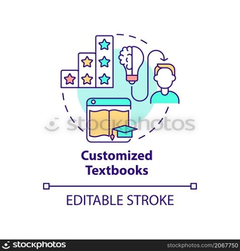 Customized textbooks concept icon. E learning. Automated education abstract idea thin line illustration. Isolated outline drawing. Editable stroke. Roboto-Medium, Myriad Pro-Bold fonts used. Customized textbooks concept icon