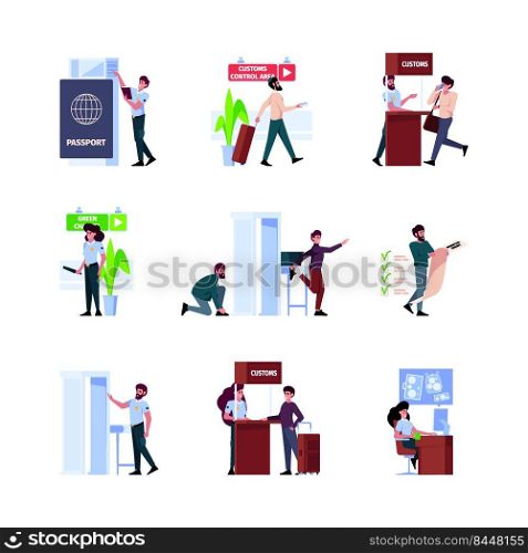 Customs control. Metal detector gate police airport officers scanners machines control checkpoint bags conveyor garish vector flat illustrations. Security control and check in airport by police. Customs control. Metal detector gate police airport officers scanners machines control checkpoint bags conveyor garish vector flat illustrations
