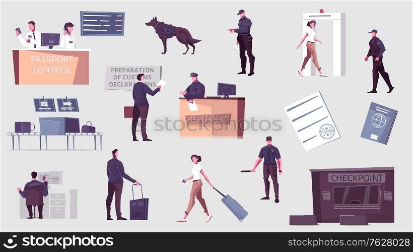 Customs control set with flat icons and isolated human characters of border guards officers and passengers vector illustration