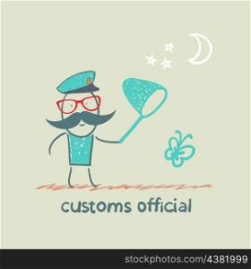 customs officer catches the butterfly a net