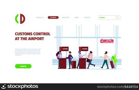 Customs service landing. Control gates in airport checkpoint with conveyors for luggage police scanners garish vector web page template. Illustration of control customs service. Customs service landing. Control gates in airport checkpoint with conveyors for luggage police scanners garish vector web page template
