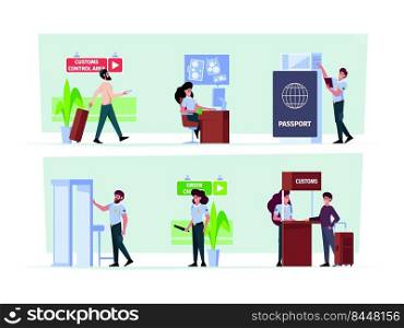 Customs services. Airport control officers security stuff inspection point luggage conveyor machines scanners gates garish vector flat concept pictures. Illustration of airport control service customs. Customs services. Airport control officers security stuff inspection point luggage conveyor machines scanners gates garish vector flat concept pictures