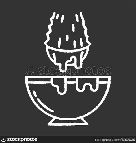 Cut aloe vera sprout chalk white icon on black background. Medicinal herb extract in bowl. Organic plant liquid dropping in jar. Sliced leaf with mortar. Isolated vector chalkboard illustration
