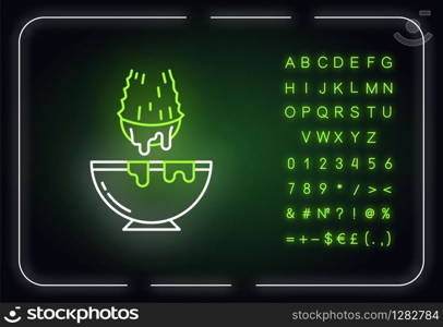 Cut aloe vera sprout neon light icon. Medicinal herb extract in bowl. Organic plant liquid in jar. Outer glowing effect. Sign with alphabet, numbers and symbols. Vector isolated RGB color illustration