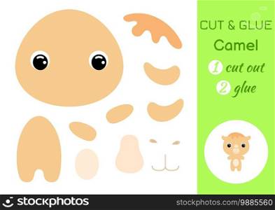 Cut and glue baby camel. Education developing worksheet. Color paper game for preschool children. Cut parts of image and glue on paper. Cartoon character. Colorful vector stock illustration.