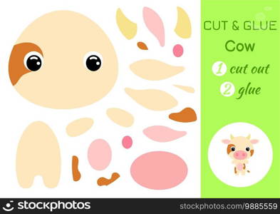 Cut and glue baby cow. Education developing worksheet. Color paper game for preschool children. Cut parts of image and glue on paper. Cartoon character. Colorful vector stock illustration.