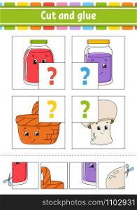 Cut and glue. Four flash cards. Color puzzle. Education developing worksheet. Activity page. Game for children. Funny character. Isolated vector illustration. Cartoon style.