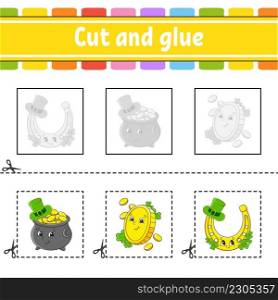 Cut and glue. Game for kids. Education developing worksheet. Color activity page. cartoon character. St. Patrick’s day.