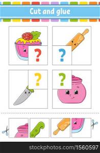 Cut and glue. Set flash cards. Color puzzle. Education developing worksheet. Activity page. Game for children. Funny character. Isolated vector illustration. Cartoon style.