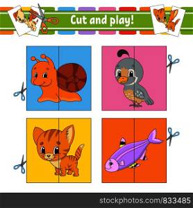 Cut and play. Flash cards. Color puzzle. Education developing worksheet. Activity page. Game for children. Funny character. Isolated vector illustration. Cartoon style.