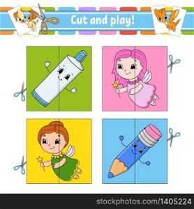 Cut and play. Flash cards. Color puzzle. Toothpaste, fairy, pencil. Education developing worksheet. Activity page. Game for children. Funny character. Isolated vector illustration. Cartoon style.