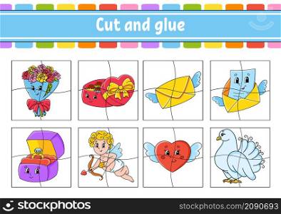 Cut and play. Paper game with glue. Flash cards. Education worksheet. Activity page. Funny character. Isolated vector illustration. cartoon style. Valentine&rsquo;s Day