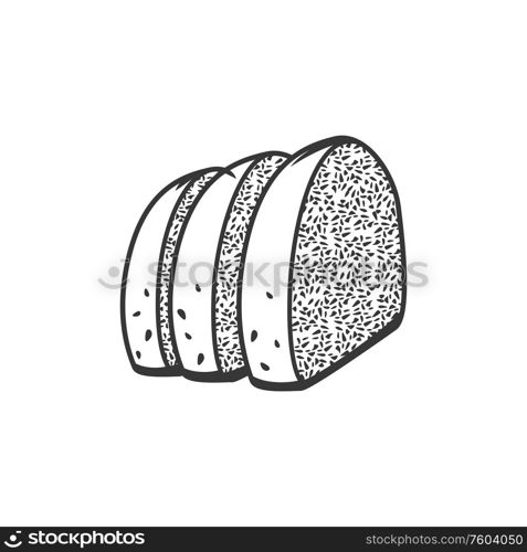 Cut bread slices isolated monochrome icons. Vector bakery food, loaf snacks. Bread slices isolated monochrome food snacks