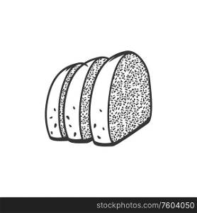 Cut bread slices isolated monochrome icons. Vector bakery food, loaf snacks. Bread slices isolated monochrome food snacks