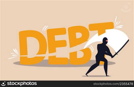 Cut debt with sword and freedom finance. Investment risk and account budget loss vector illustration concept. Trouble solve and finances loan less. Free profit and bankruptcy remove with businessman