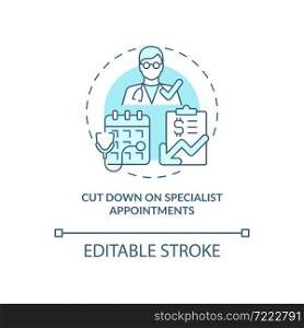 Cut down on specialist appointments blue concept icon. Annual checkup abstract idea thin line illustration. Physician instead of specialist. Vector isolated outline color drawing. Editable stroke. Cut down on specialist appointments blue concept icon