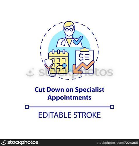 Cut down on specialist appointments concept icon. Annual checkup abstract idea thin line illustration. Visit physician instead of specialist. Vector isolated outline color drawing. Editable stroke. Cut down on specialist appointments concept icon