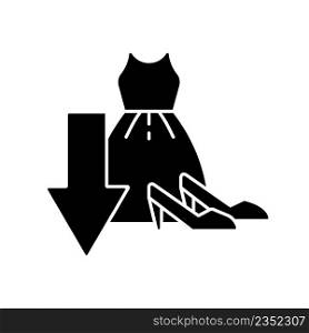 Cut down purchasing of clothes black glyph icon. Avoid overconsumption. Consumerism and shopaholism. Silhouette symbol on white space. Solid pictogram. Vector isolated illustration. Cut down purchasing of clothes black glyph icon