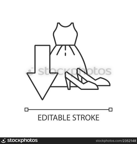 Cut down purchasing of clothes linear icon. Avoid overconsumption. Consumerism and shopaholism. Thin line illustration. Contour symbol. Vector outline drawing. Editable stroke. Arial font used. Cut down purchasing of clothes linear icon