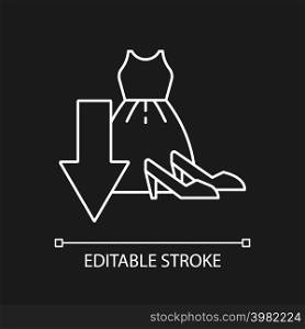 Cut down purchasing of clothes white linear icon for dark theme. Avoid overconsumption. Thin line illustration. Isolated symbol for night mode. Editable stroke. Arial font used for dark theme. Cut down purchasing of clothes white linear icon for dark theme
