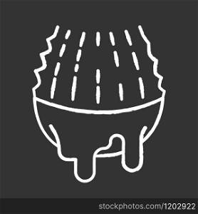 Cut leaf chalk white icon on black background. Aloe vera juice. Succulent thorn with liquid. Sliced cactus for cosmetic ingredient. Medicinal herb. Isolated vector chalkboard illustration