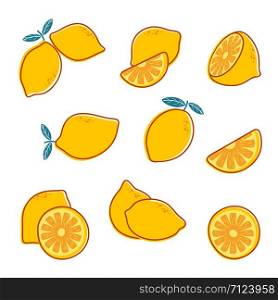 Cut lemon. Fresh citrus fruit. Lemon slice and leaves. Vector collection isolated on white background. Fruit citrus fresh, food ingredient illustration. Cut lemon. Fresh citrus fruit. Lemon slice and leaves. Vector collection isolated on white background