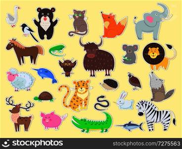 Cut out exotic, domestic and farm animals poster with yellow background. Vector flat colorful banner of live creatures signs for cutting and children&rsquo;s playing. Mammals,insects and wildlife characters. Cut out Exotic, Domestic and Farm Animals Poster