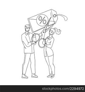 Cut Price Seasonal Special Offer In Store Black Line Pencil Drawing Vector. Woman Holding Tag And Man Cut Price Label With Scissors Accessory. Characters Cutting Rate And Sale Discount Illustration. Cut Price Seasonal Special Offer In Store Vector