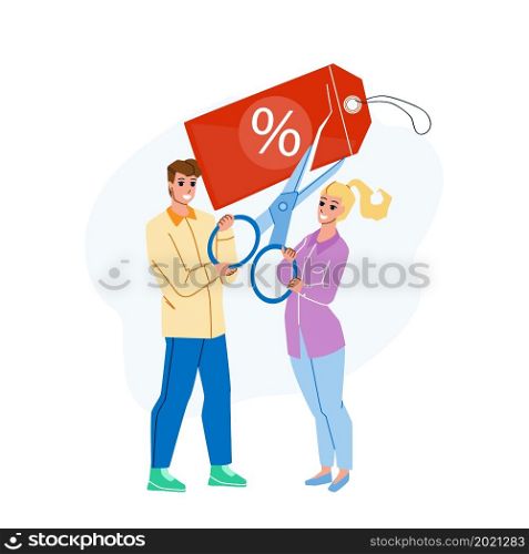 Cut Price Seasonal Special Offer In Store Vector. Woman Holding Tag And Man Cut Price Label With Scissors Accessory. Characters Cutting Rate And Sale Discount Flat Cartoon Illustration. Cut Price Seasonal Special Offer In Store Vector