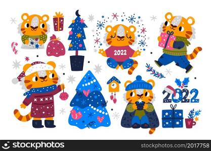 Cute 2022 New Year tigers. Animals zodiac characters. Funny little wildlife mascots activities. Happy baby predators with festive fir tree and presents. Vector cartoon kids winter holiday symbols set. Cute 2022 New Year tigers. Animals zodiac characters. Funny little wildlife mascots activities. Baby predators with festive fir tree and presents. Vector cartoon kids holiday symbols set