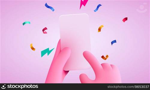Cute 3D cartoon hand holding mobile smart phone with celebratory confetti flying around. Winner concept. Modern mockup. Vector illustration. Cute 3D cartoon hand holding mobile smart phone with celebratory confetti flying around. Winner concept. Modern mockup.