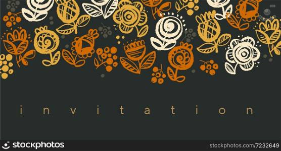 Cute 60s vintage vibes abstract flowers design element for web banners, posters, cards, wallpapers, backdrops, panels. Decorative warm colors folk style floral motif.