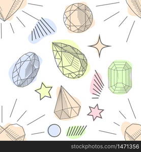 Cute 80s style art seamless pattern of colorful crystal mineral stones in soft pastel colors, simple hand drawn rainbow diamond rocks on white background.