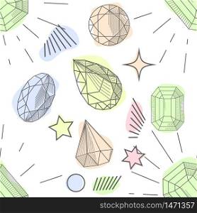 Cute 80s style art seamless pattern of colorful crystal mineral stones in soft pastel colors, simple hand drawn rainbow diamond rocks on white background.