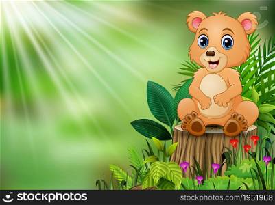 Cute a baby bear sitting on tree stump with green leaves and flowering plant