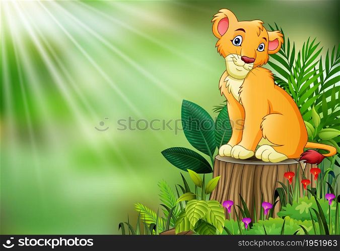 Cute a lion sitting on tree stump with green leaves and flowering plant