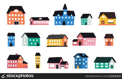 Cute abstract houses set. Funny flat doodle city and town buildings with tiny roofs, cottage facades with windows and small brick elements. Urban architecture vector hand drawn cozy modern collection. Cute abstract houses set. Funny flat doodle city and town buildings with tiny roofs, cottage facades with windows and small brick elements. Vector hand drawn cozy modern collection