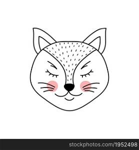 Cute adorable cat in doodle style on white background.