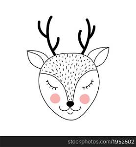 Cute adorable deer in doodle style on white background.