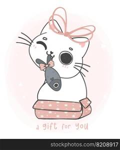 cute adorable happy smile white kitten cat in pink present gift box with fish, a gift for you, cute cartoon animal pet hand drawing vector